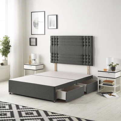 The Range Saville Tweed Fabric Divan Bed Base with 32" Diamante Headboard and Drawers - Charcoal / 4 / King