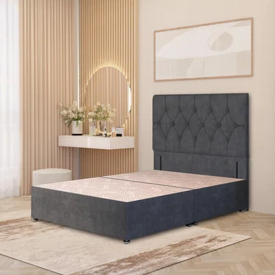 The Range Chesterfield Velvet Divan Bed Base with 54" Floor Standing Headboard and Drawers - Charcoal / No Drawers / Superking