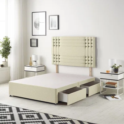 The Range Saville Linen Fabric Solid Top Divan Bed Base with 32" Headboard - Beige / 2 / Single