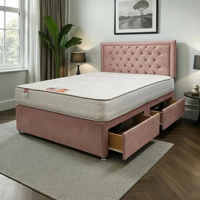 The Range Ellis Plush Bed Set With Mattress, 2 Drawers Same Side & 24"Headboard - Pink / Superking