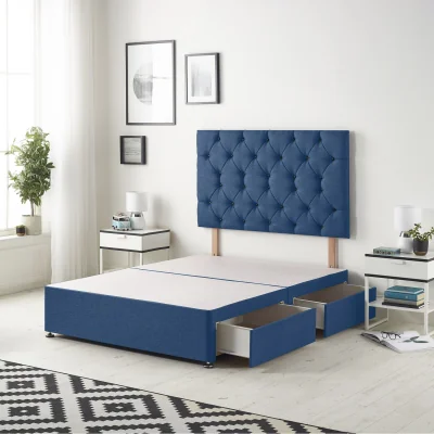 The Range Savoy Velvet Divan Bed Base with 32" Diamante Headboard and Drawers - Navy / Single / 38kg