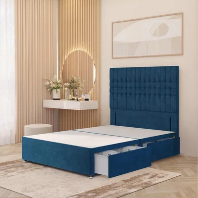 The Range Lexington Divan Bed Base with 54" Floor Standing Headboard Plush Velvet - Navy / Double / 2 Drawers