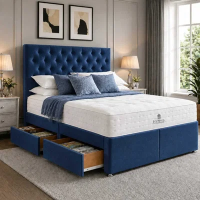 The Range Premium Divan Bed With Headboard And Storage Drawers - Blue / Single