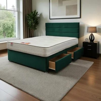 The Range York Princess Sprung Divan Bed with 4 Drawers And Headboard Plush - Emerald / Super King