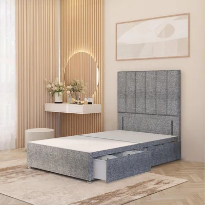 The Range Austin Tweed Fabric Divan Bed Base with 54" Floor Standing Headboard - Grey / King / 2 Drawers