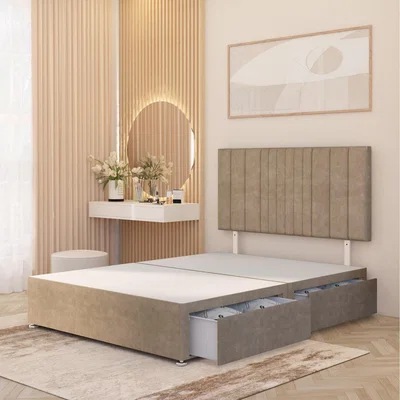 The Range Arizona Plush Velvet Divan Bed Base with Drawers and 32" Headboard - Beige / King / 2 Drawers