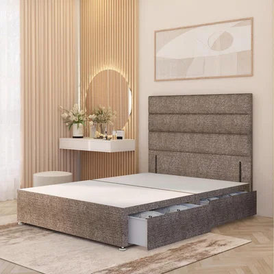 The Range Horizona Tweed Fabric Divan Bed Base with 54" Floor Standing Headboard - Coffee / Single / 2 Drawers