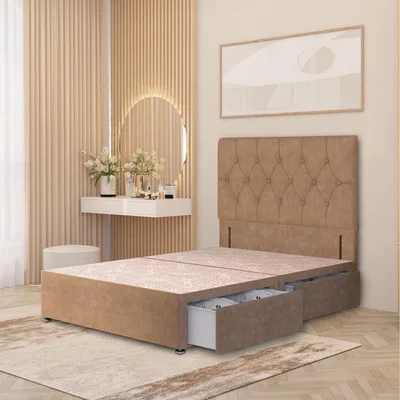 The Range Chesterfield Velvet Divan Bed Base with 54" Floor Standing Headboard and Drawers - Beige / King / 2 Drawers