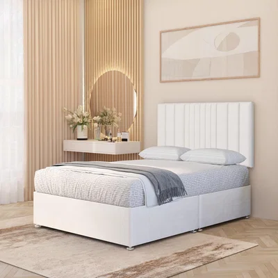 The Range Arizona Plush Velvet Orthopaedic Divan Bed Set Hybrid Mattress and 32" Headboard - White / Double / No Drawers