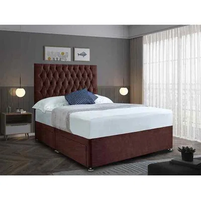 The Range Jemma Divan Bed with Headboard Mattress-Chenille Fabric, 2 Drawers Left Side - Brown / Superking / Super King