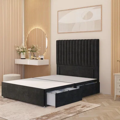 The Range Verona Divan Bed Base with 54" Floor Standing Headboard Plush Velvet - Black / Double / 2 Drawers