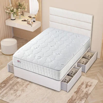 The Range Horizona Velvet Divan Bed Set Pocket Spring Mattress Floor Standing Headboard - White / 4 / Double