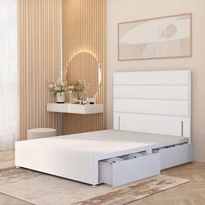 The Range Horizona Velvet Divan Bed Base with 54" Floor Standing Headboard and Drawers - White / Double / 2 Drawers