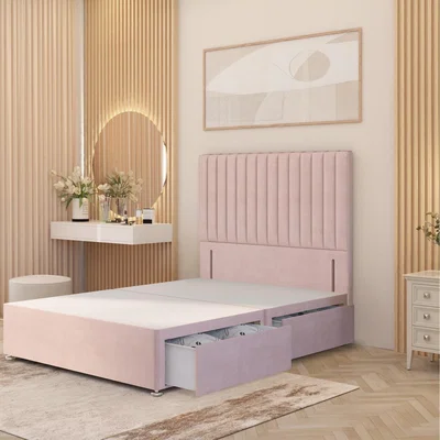 The Range Verona Divan Bed Base with 54" Floor Standing Headboard Plush Velvet - Pink / King / 4 Drawers