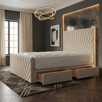 The Range Sunrise Velvet Divan Bed with Mattress 54" Headboard and 22" Footboard - Ivory / 2 / Double