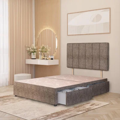 The Range Tweed Fabric Divan Bed Base with 32" Stripe Headboard and Storage Options - Coffee / King / 2 Drawers