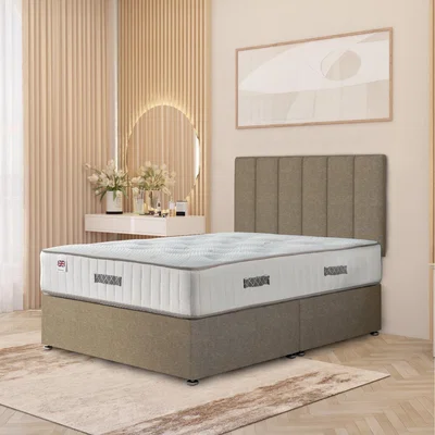 The Range Austin Linen Fabric Storage Divan Bed Hybrid Orthopaedic Mattress 32" Headboard - Wheat / Single / No Drawers