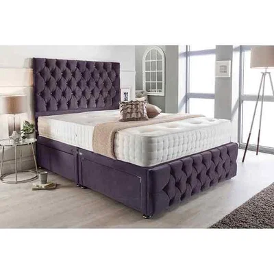 The Range Merina Divan Bed with Tall Headboard Mattress-Chenille, 2 Drawers Left Side - Purple / Super King / Superking