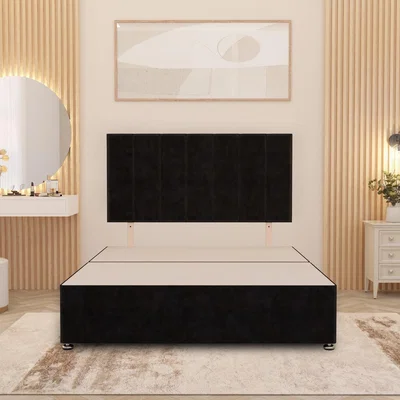 The Range Austin Divan Bed Base with 32" Headboard Plush Velvet Storage Drawer Options - Black / Small Double / No Drawers