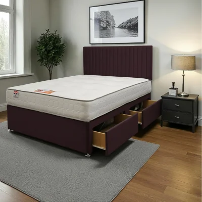 The Range Emily Plush Bed Set With Mattress, 2 Drawers Same Side  24"Headboard - Aubergine / Superking / 183cm