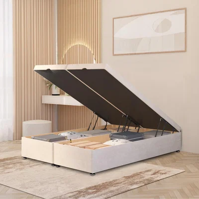 The Range Ottoman Divan Bed Frame End Opening Gas Lift Plush Velvet - Ivory / Single
