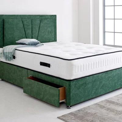 The Range Divan Bed with 24" Vienna Headboard - Emerald Green / King / 2x Drawers Foot End