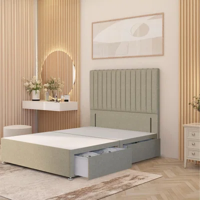 The Range Verona Divan Bed Base with 54" Floor Standing Headboard Linen Fabric - Beige / King / 2 Drawers