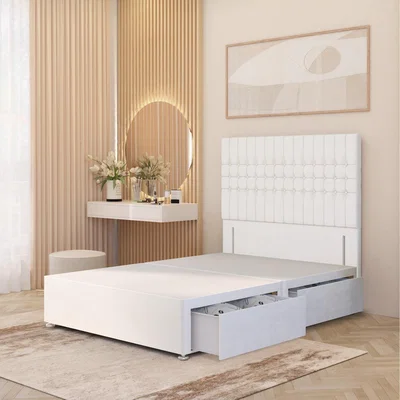 The Range Lexington Divan Bed Base with 54" Floor Standing Headboard Plush Velvet - White / King / 4 Drawers