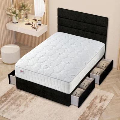 The Range Horizona Velvet Divan Bed Set Pocket Spring Mattress Floor Standing Headboard - Black / 4 / King