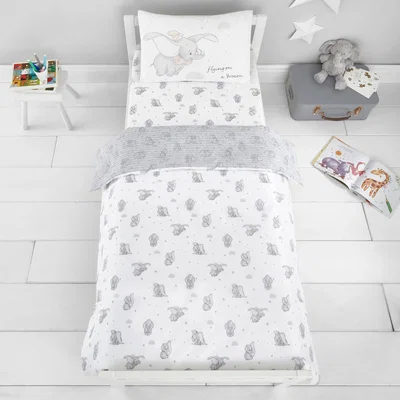 Dunelm Dumbo 100% Cotton Cot Bed Duvet and Pillowcase Set Grey, Black and White