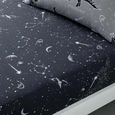 Dunelm Black Space Dinosaur Fitted Sheet Black and White