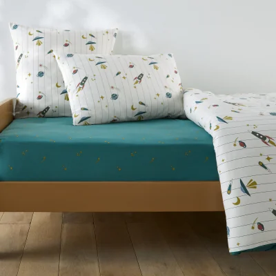 La Redoute Egor Rocket Print 30% Recycled Washed Cotton Child's Fitted Sheet Cotton with 25cm Flap