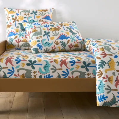 La Redoute Dino Child's Fitted Sheet in 30% Recycled Cotton with 25cm Flap and Dinosaurs Print