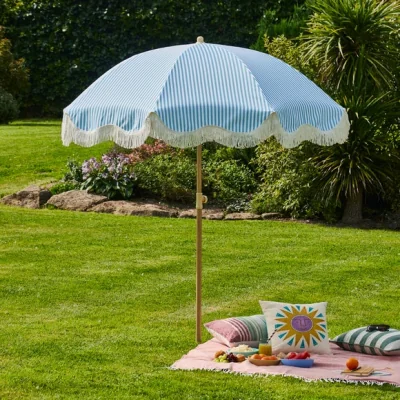 Dunelm Riviera Blue Striped Beach Parasol with Fringe