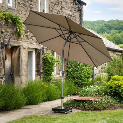 Dunelm Riva 2.5m Round Parasol with Rome Polished Black Granite Wheeled Parasol Base Taupe