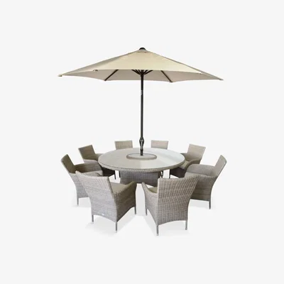 John Lewis LG Outdoor Monaco 8-Seater Garden Round Dining Table & Chairs Set with Parasol, Sand