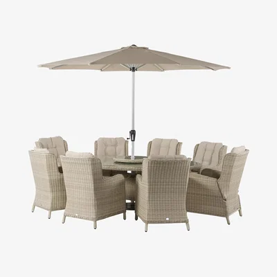 John Lewis Bramblecrest Chedworth 6-Seater Garden Elliptical Dining Table & Chairs Set with Lazy Susan & Parasol, Sandstone