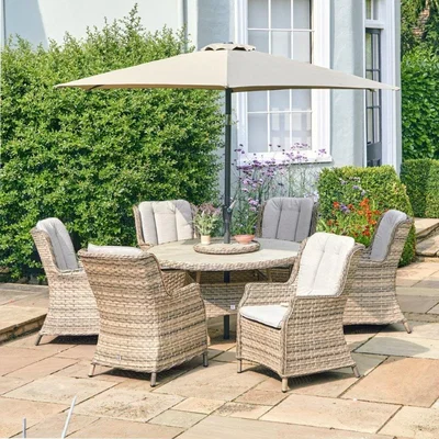 Downtown LG Outdoor Florence 6 Seat Dining Set with Weave Lazy Susan and Deluxe 3m Parasol In Natural