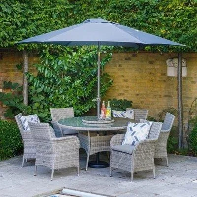 Downtown LG Outdoor Monaco Sand Garden Dining Set With Weave Lazy Susan and Parasol, 6 Seater, 3m