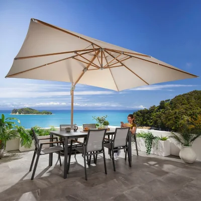 Quatropi Large Tilting Outdoor Garden Cantilever Parasol with Base Wood-Effect Taupe 300x400cm