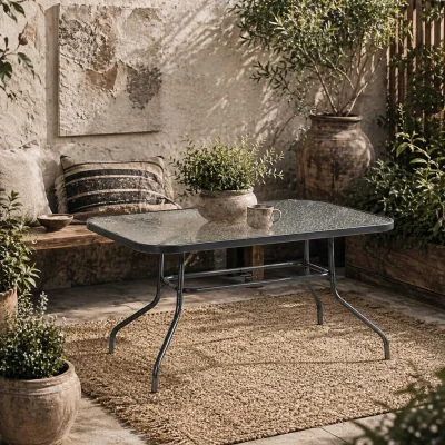 The Range Lemone 120cm Charcoal Grey Rectangular Garden Dining Table with Glass Top and Parasol Hole