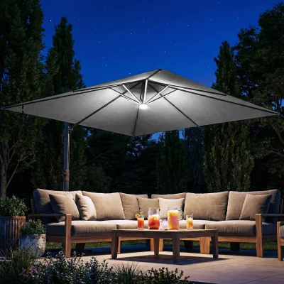 The Range Outsunny 3*3 m Garden Cantilever Parasol with Light and Cover - Light Grey