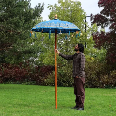 The Range Bali Patio Parasol 1.5m - Turquoise Cotton Shade with Gold Accents - Turquoise