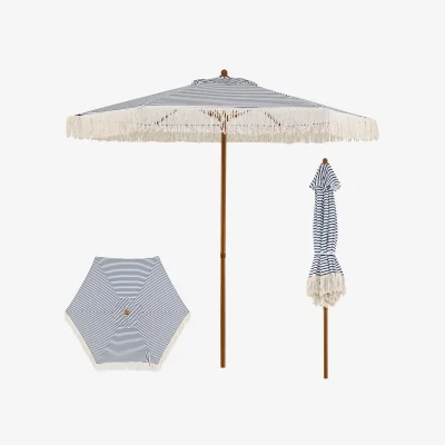 The Range Fringe Boho Patio Market Umbrella - Blue