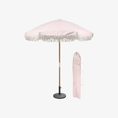 The Range Tassel Fringed Wooden Garden Parasol and Base Set - Pastel Pink Stripe