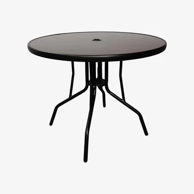 The Range 4 Person Round Black Garden Patio Table with Glass Top and Parasol Hole - black