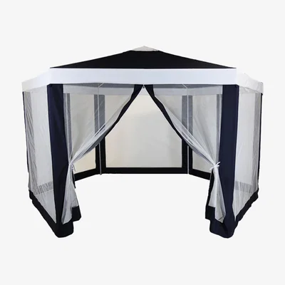 The Range Hexagonal Gazebo with Mesh Sides Showerproof - Beige, Blue