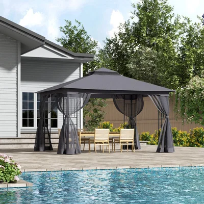 The Range Pyramid Hip Roofed Polyester Garden Gazebo - Dark Grey / 395*295*280cm