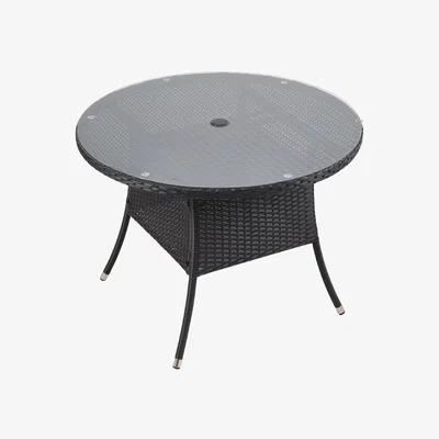 The Range Garden Rattan Tempered Glass Top Table with Parasol Hole - Black / 1 x Round Garden Table