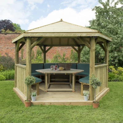 The Range Hexagonal Garden Gazebo - Furnished - Green / 4 Metre / Timber